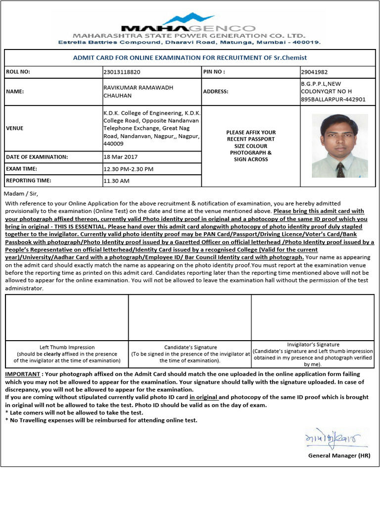 Rk sr chemist 18 11mahagenco admit card download free pdf