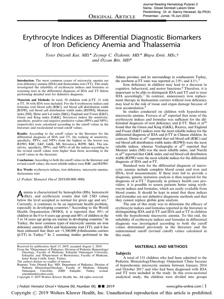 Erythrocyte Indices As Differential Diagnostic Biomarkers of Iron