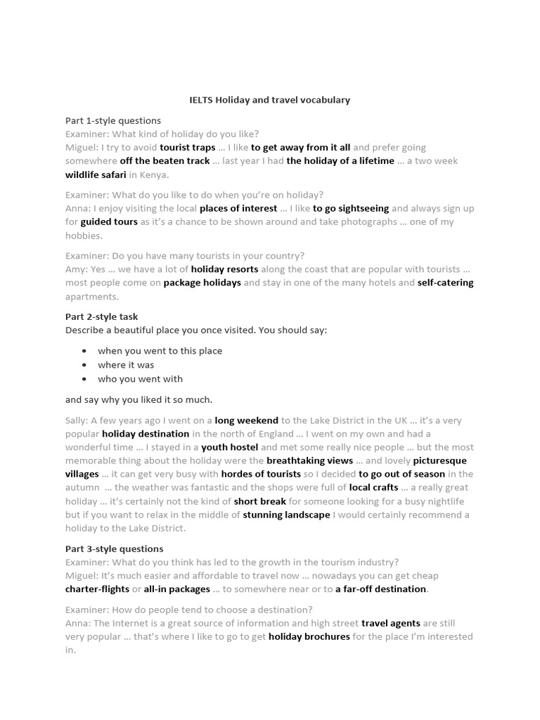 IELTS Speaking Holiday and Travel Vocabulary | PDF