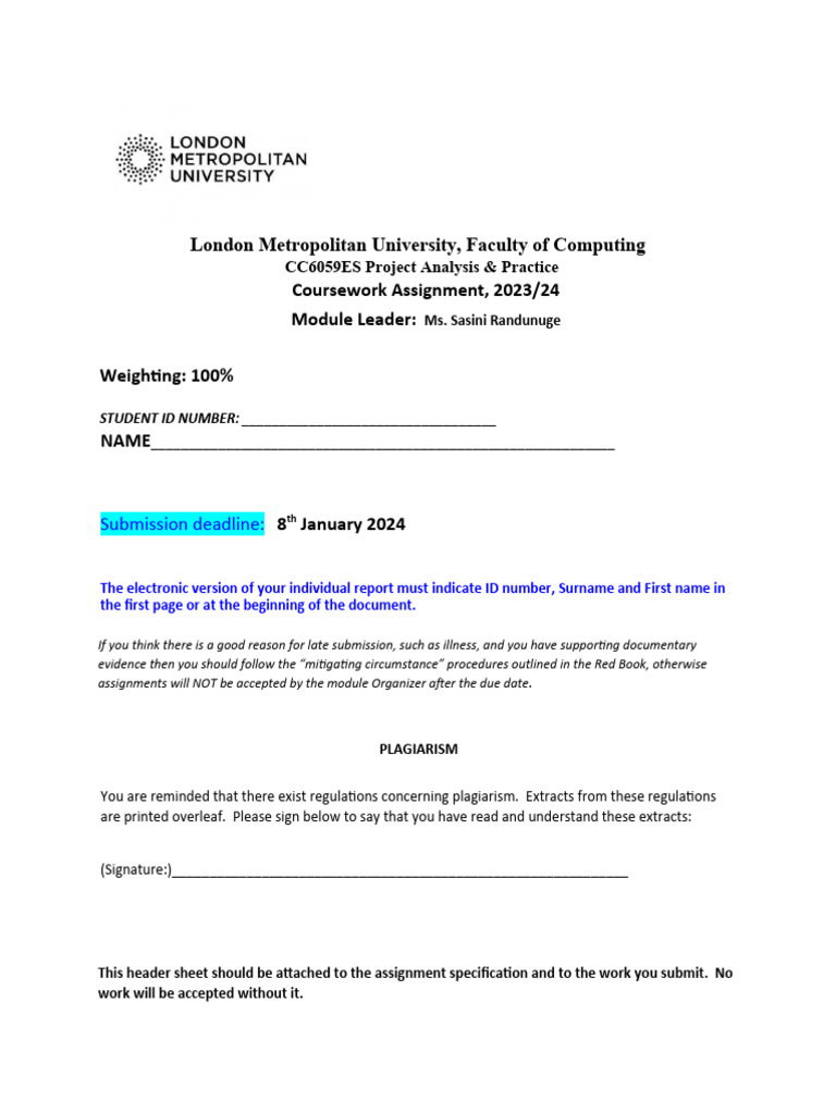 CC6059ES Coursework Assignment 2023/24 | PDF