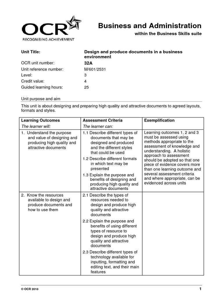 Level 3 Unit 32a Design and Produce Documents in A Business Environment