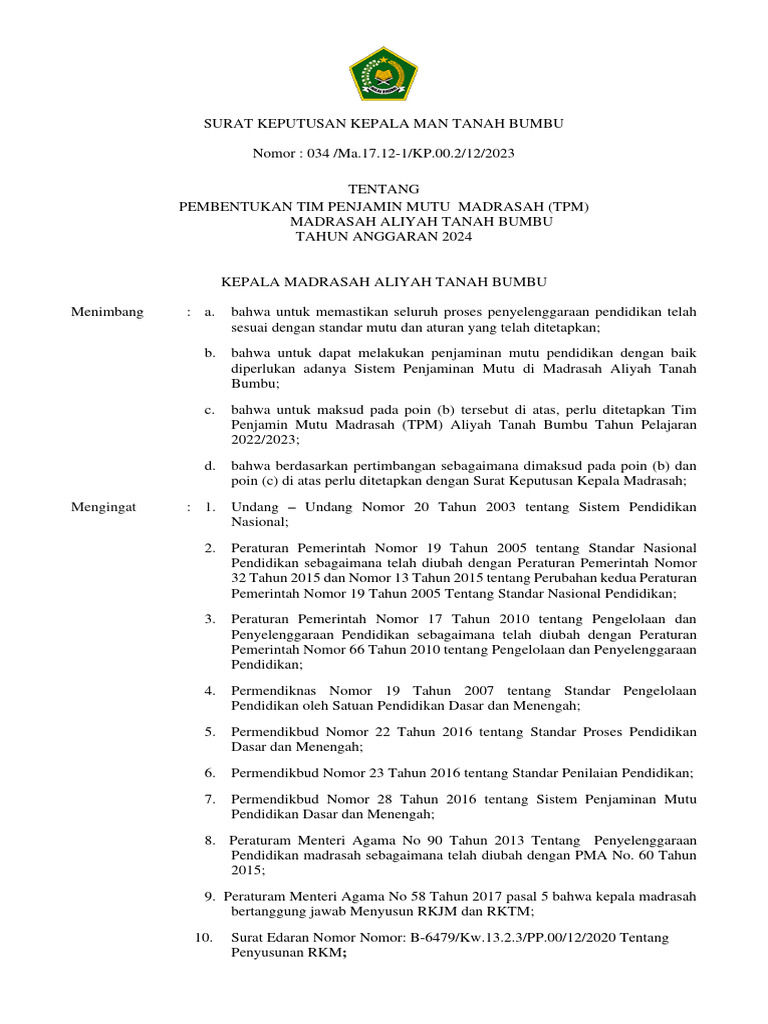 Pembentukan Tim Penjamin Mutu 2023 | PDF