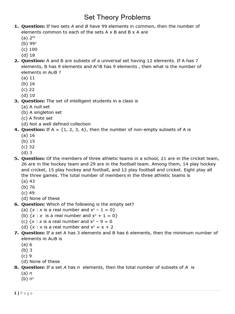 Set theory problems with answers pdf empty set numbers