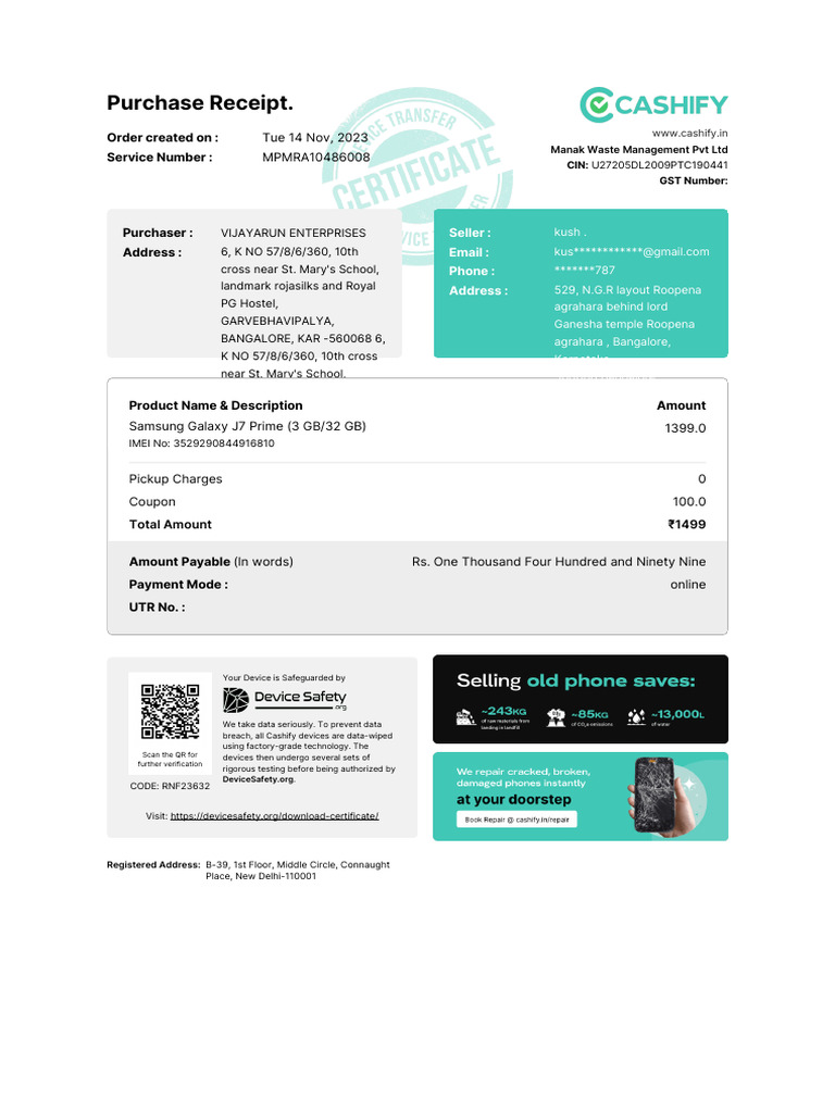 Samsung Galaxy J7 Prime Purchase Receipt | PDF | Legal Liability ...