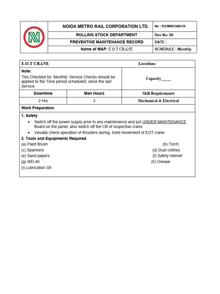 EOT Crane Monthly Maintenance Checklist | PDF | Crane (Machine) | Switch
