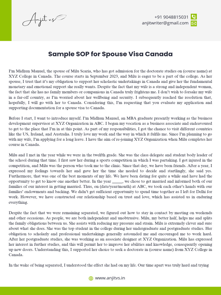 Spouse Visa SOP for Canada Application | PDF