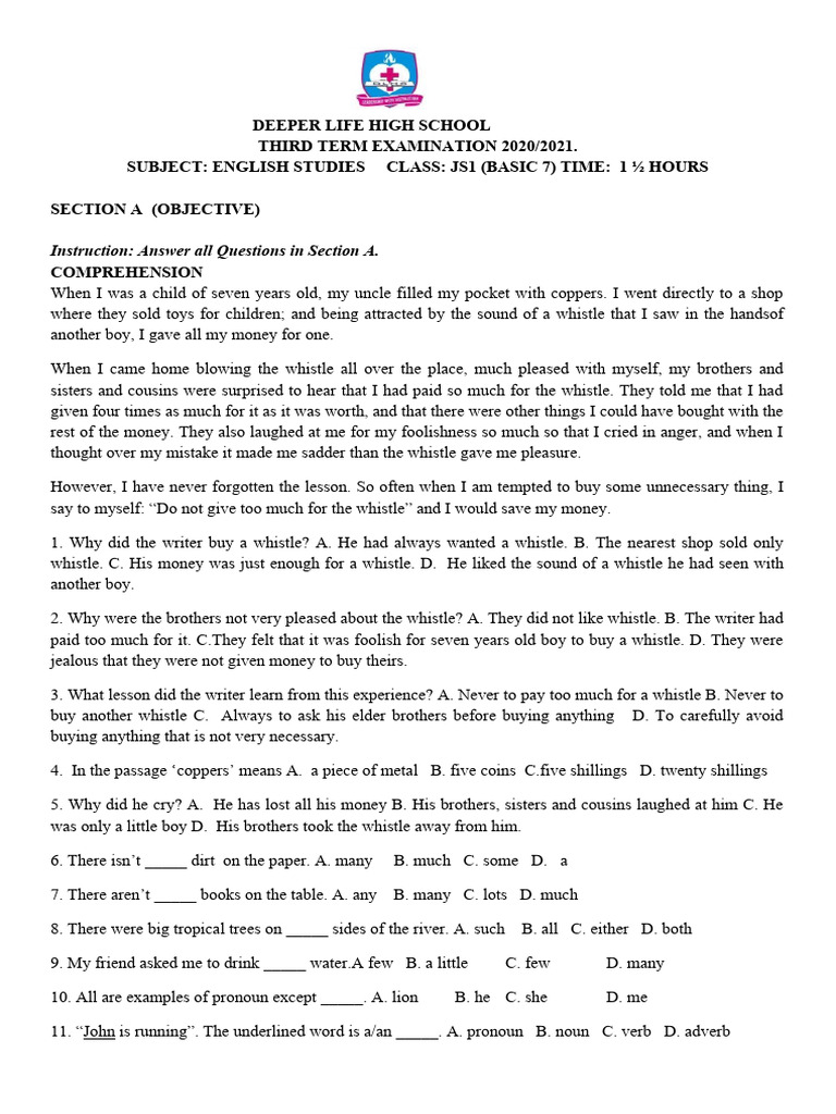 JSS1 Third Term English Exam Questions | PDF | Part Of Speech | Verb