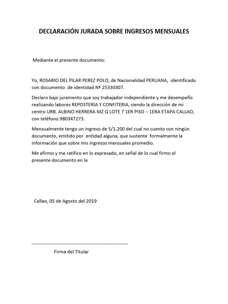 Declaración Jurada | PDF | Finanzas y dinero | Estilo de vida