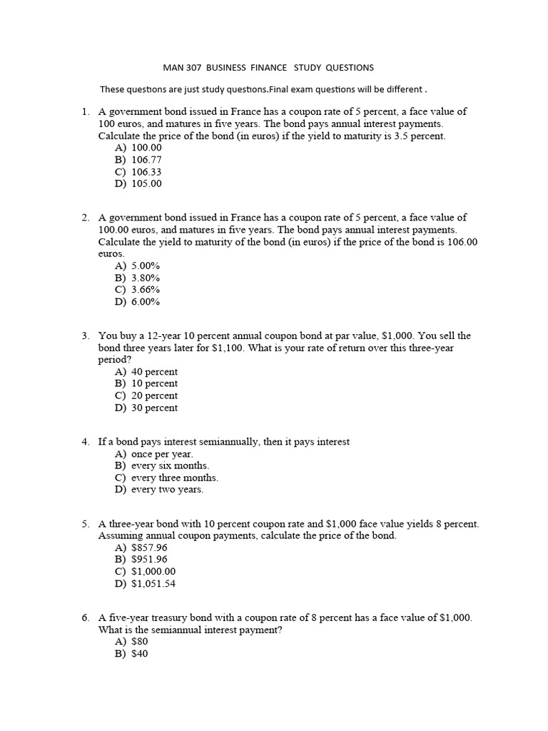 Business Finance Exam Study Questions | PDF