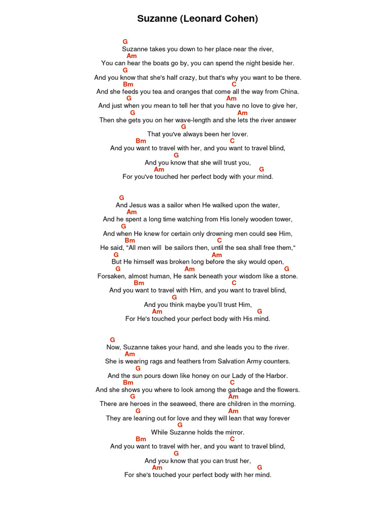 Suzanne by Leonard Cohen: Lyrics & Chords | PDF