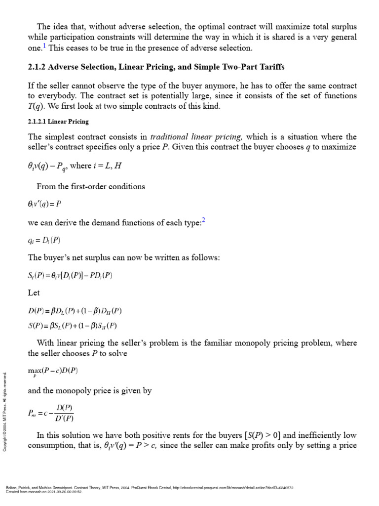 Contract Theory - (Part I Static Bilateral Contracting) | PDF