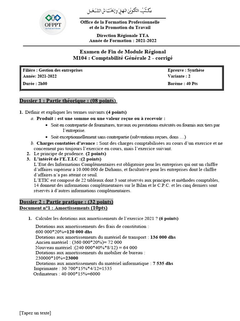 Corrigé Comptabilité Générale 2 OFPPT | PDF | Dépréciation ...