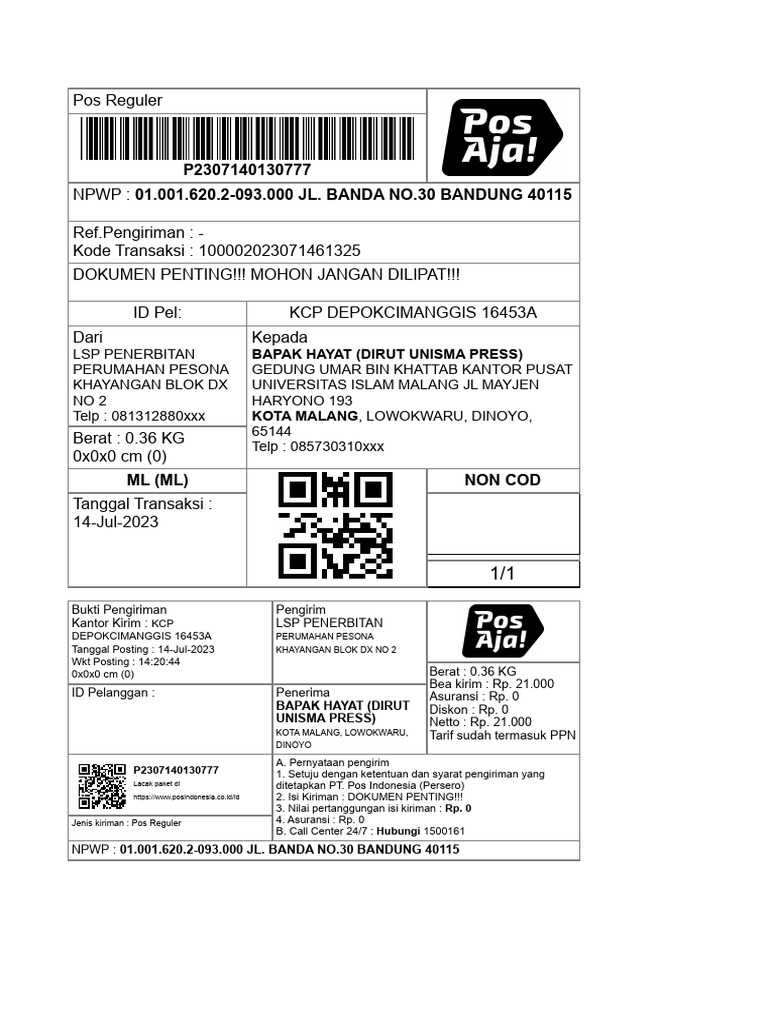 Bukti Pengiriman Pos Reguler 14-Jul-2023 | PDF