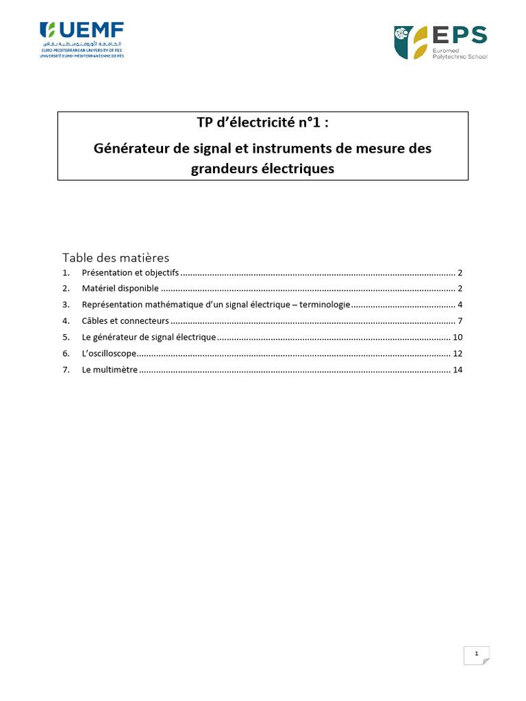 TP D'électricité N°1: Générateur de Signal Et Instruments de Mesure Des ...