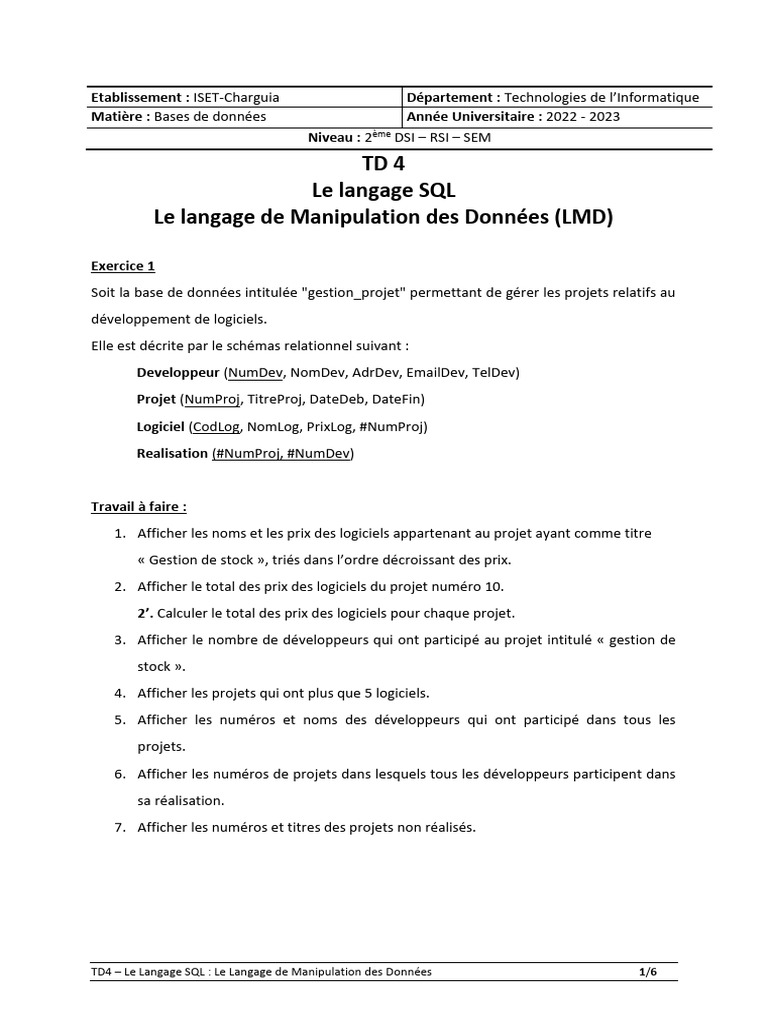 SQL : Manipulation des Données en TD4 | PDF | Bases de données | SQL