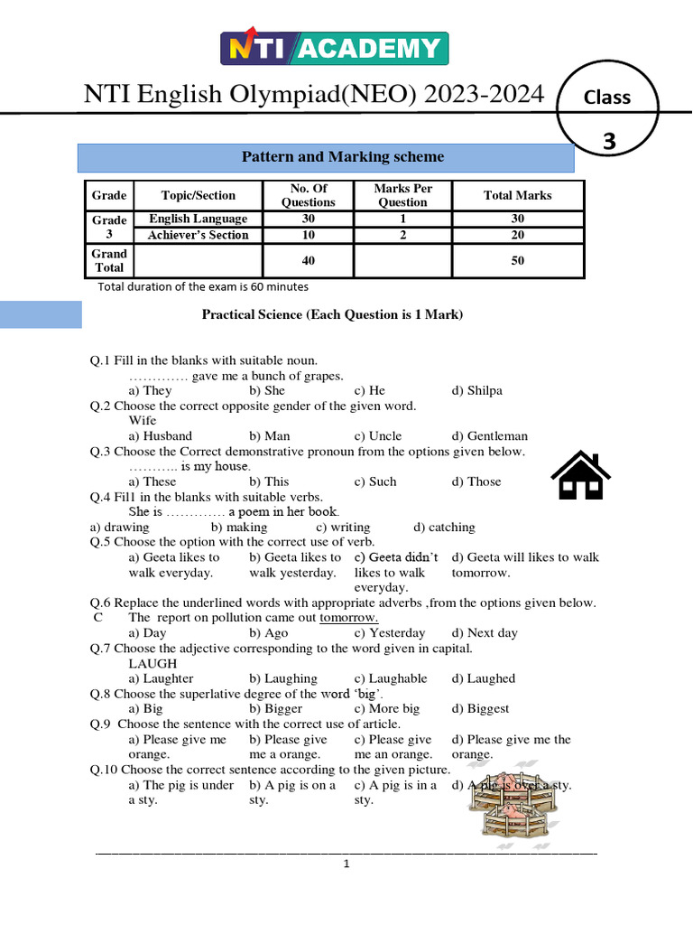 Class 3 English Olympiad Practice Paper | PDF | English Language ...