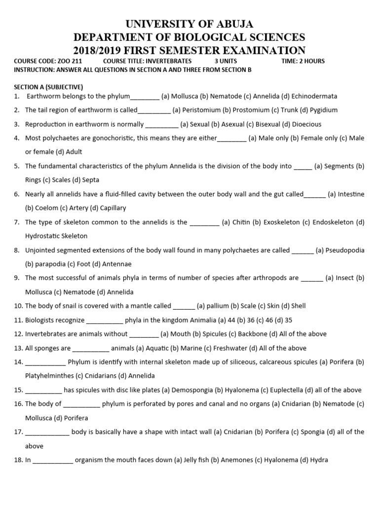 Zoo 211 2018 2019 past question pdf sponge invertebrate