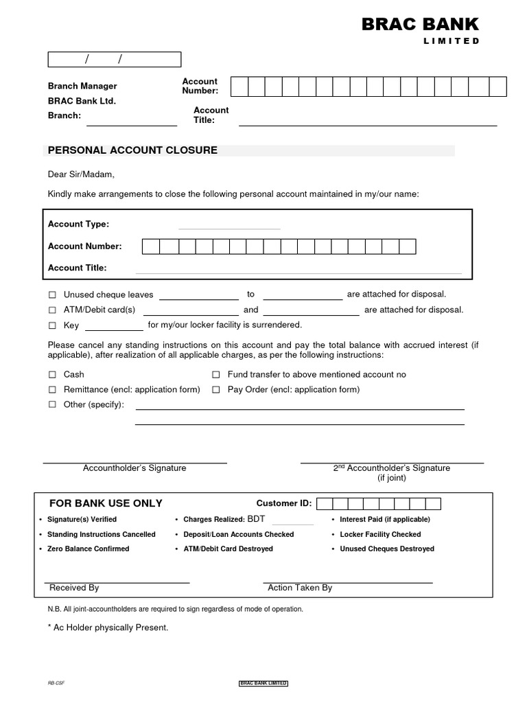 BRAC Bank Personal Account Closure Form | PDF