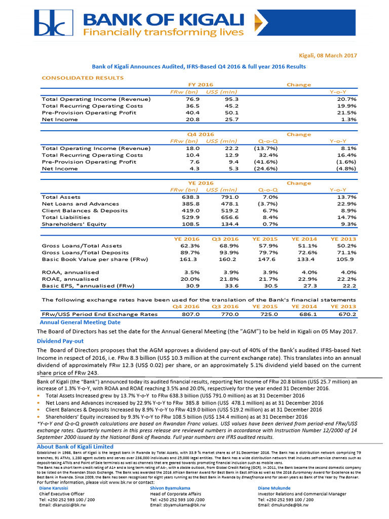 Bank of Kigali 2016 Financial Overview | PDF | Banks | Equity (Finance)