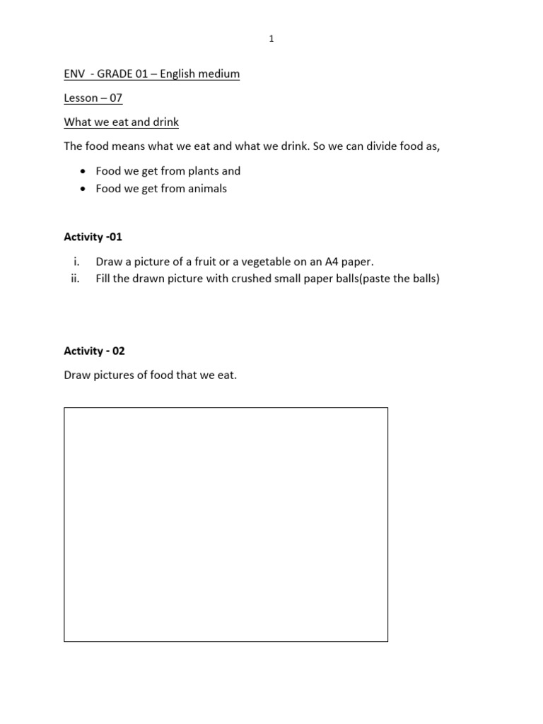 Grade 1 English Medium Food Lessons | PDF | Cooking, Food & Wine