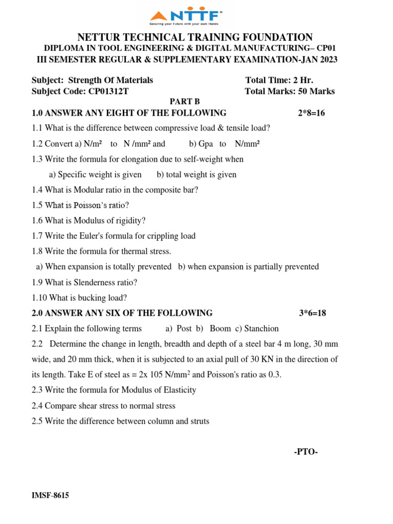 3rd Sem Strength of Materials Exam Paper | PDF | Science & Mathematics