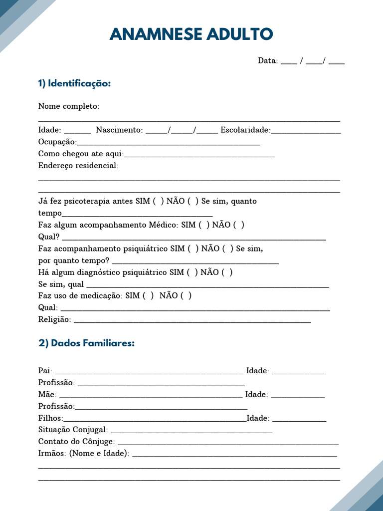 Anamnese Adulto | PDF | Psiquiatria | Família