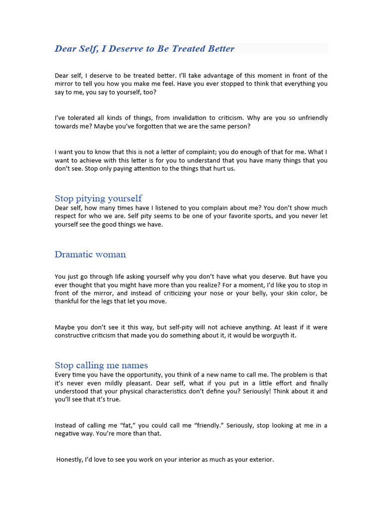 Dear Self, I Deserve To Be Treated Better: Stop Pitying Yourself | PDF