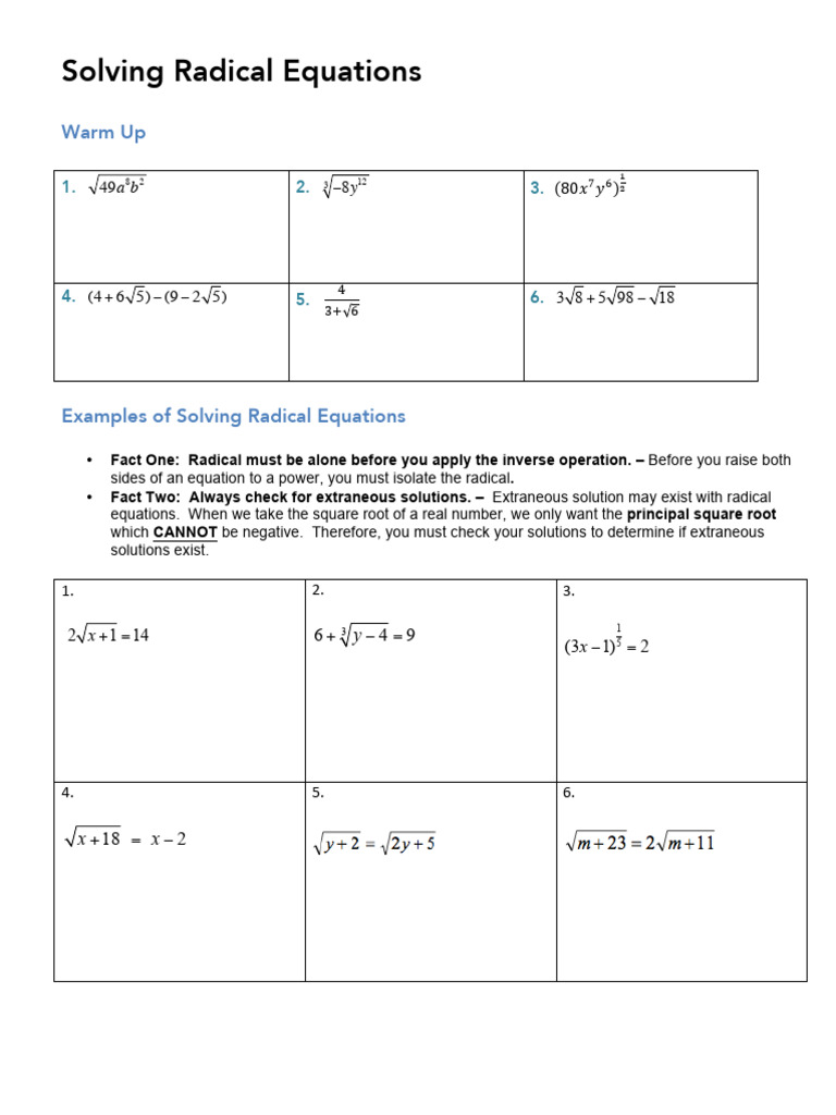 4.7.14 Solving Radical Equations | PDF | Equations | Acceleration