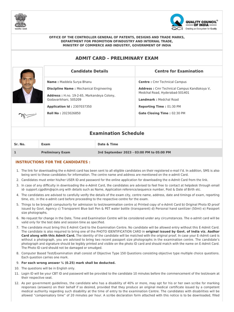 Exam Admit Card Instructions | PDF | Identity Document