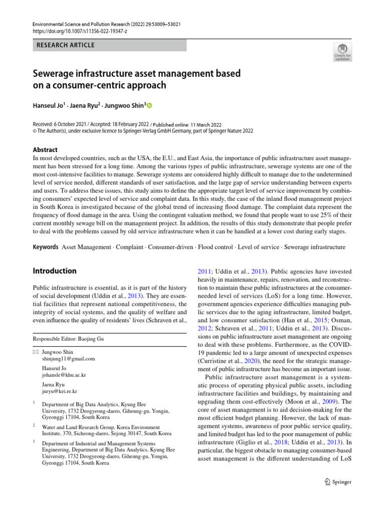 Sewerage infrastructure asset management based on a consumer centric