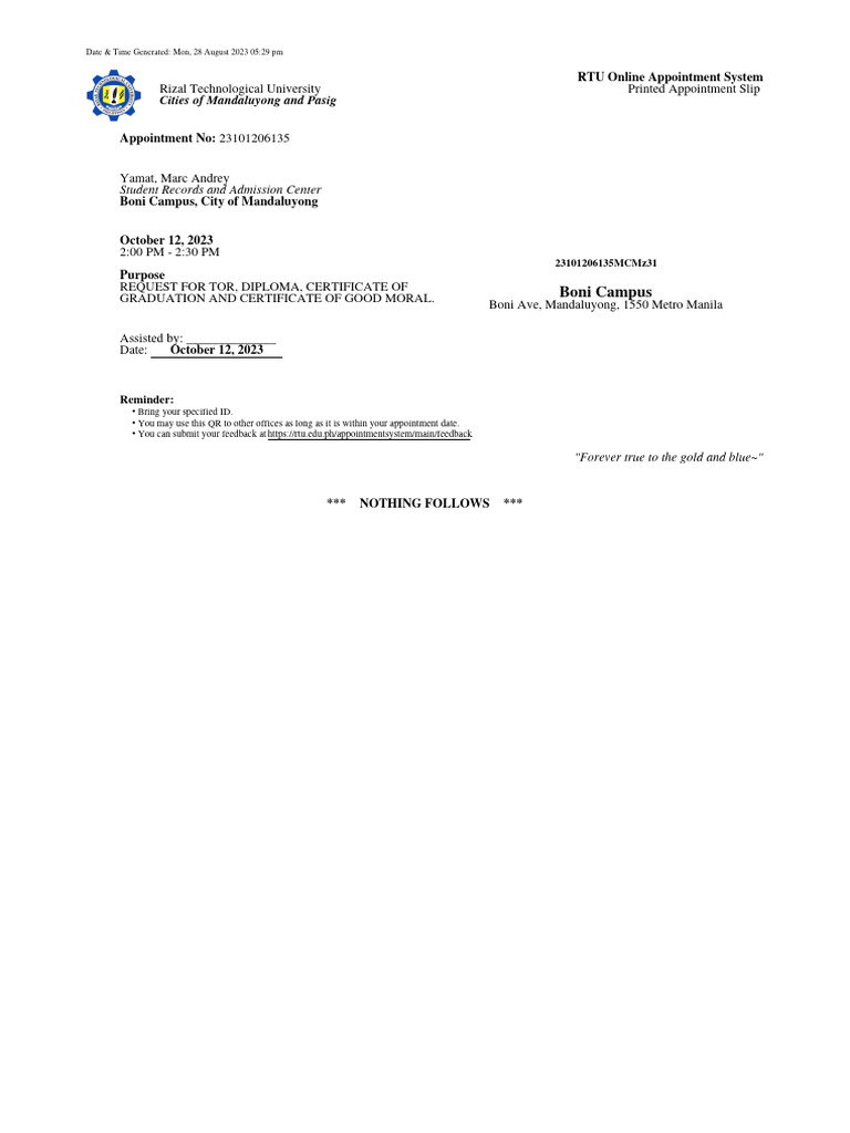 RTUAppointment 23101206135 PDF