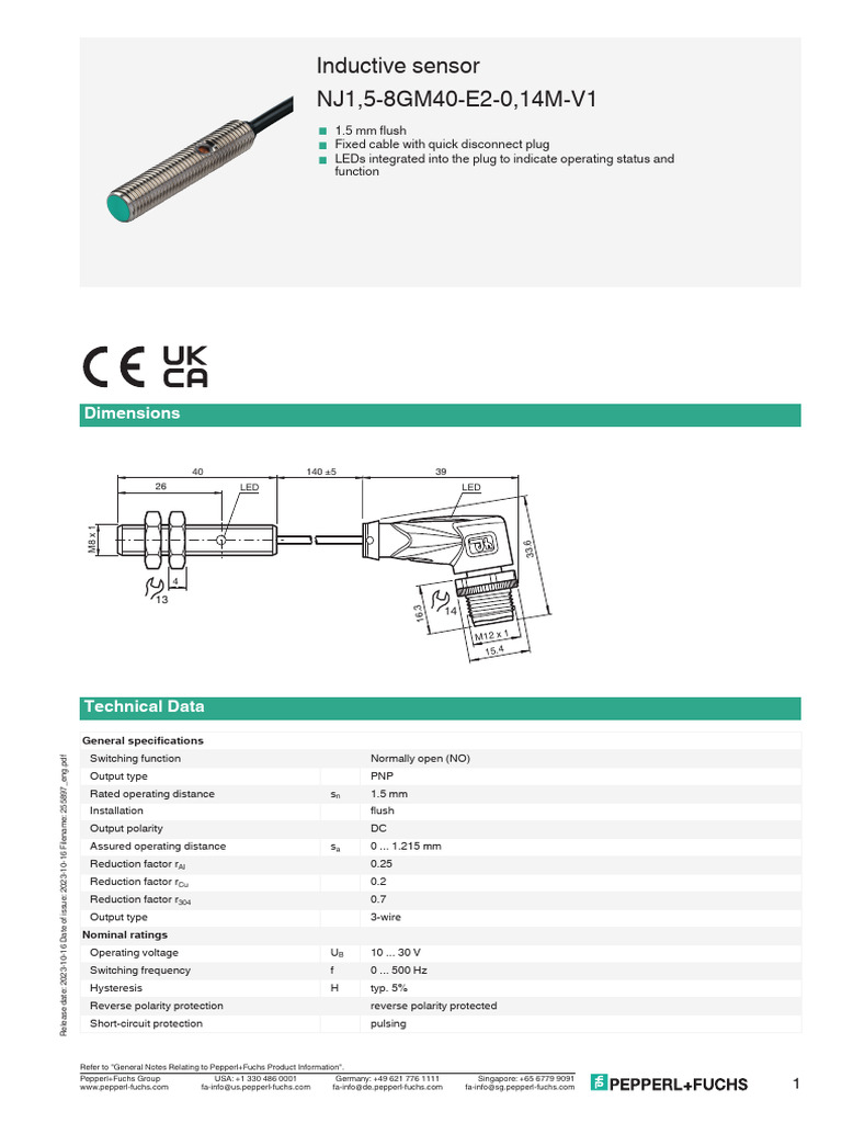Inductive Sensor NJ1,5-8GM40-E2-0,14M-V1: Dimensions | PDF ...