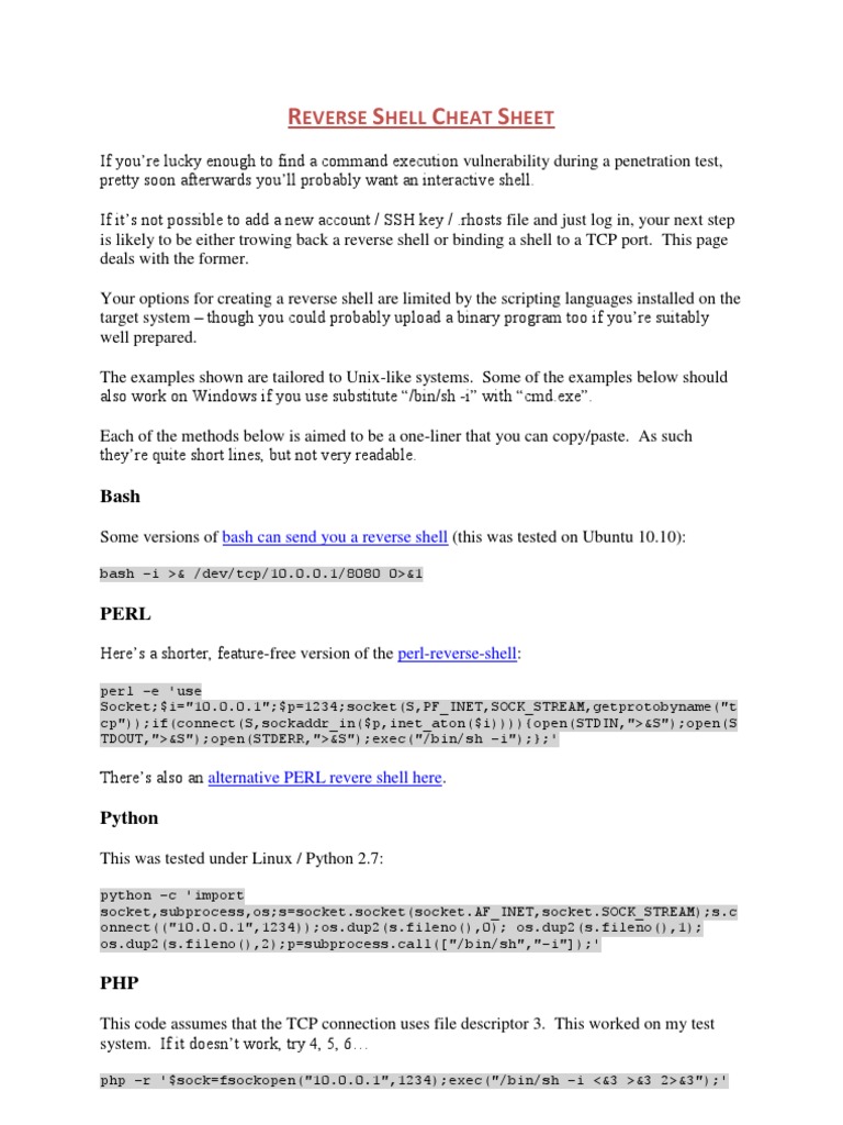 Reverse Shell Command Cheat Sheet | PDF