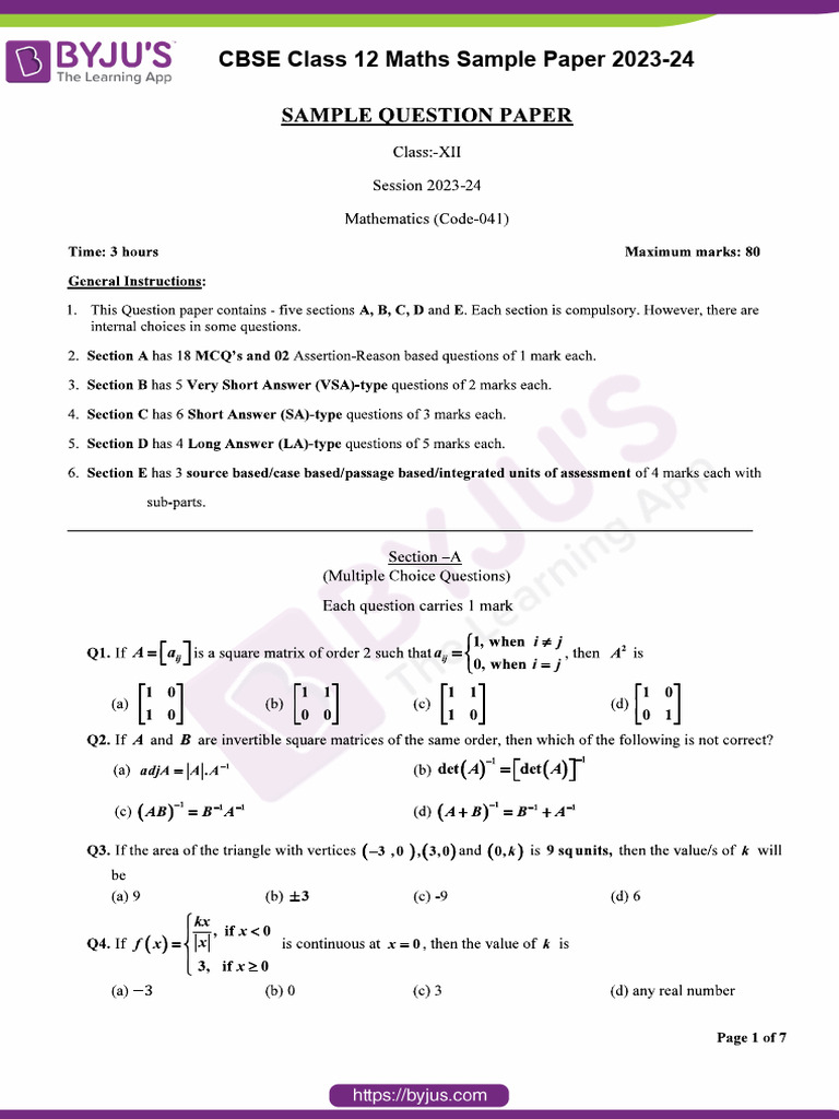 CBSE Class 12 Maths 14 Apr Sample Paper 2023 24 | PDF