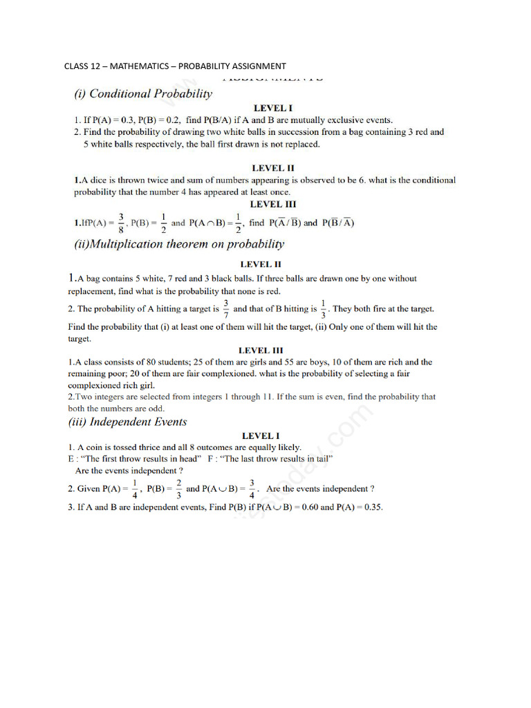Class 12 Probability Assignment | PDF