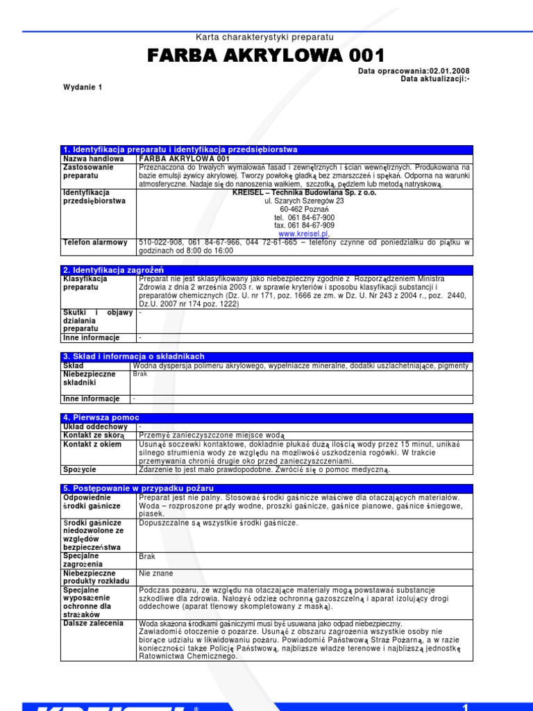 Karta Charakterystyki FARBA AKRYLOWA 001 PDF