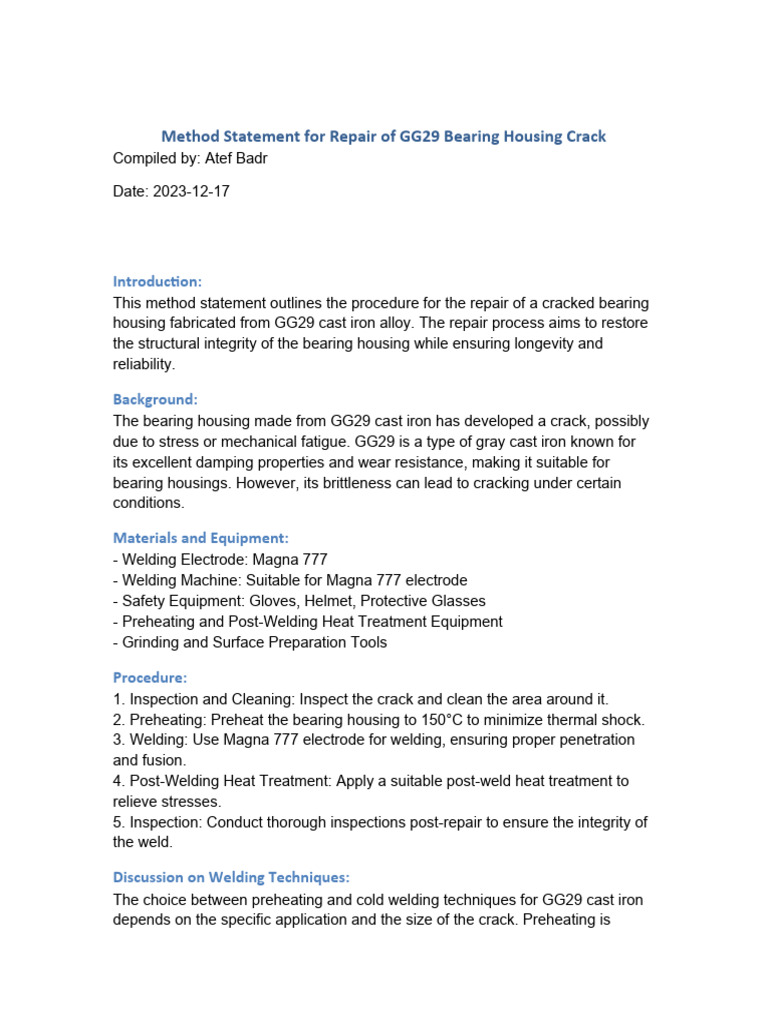Method Statement Repair GG29 Bearing Housing PDF