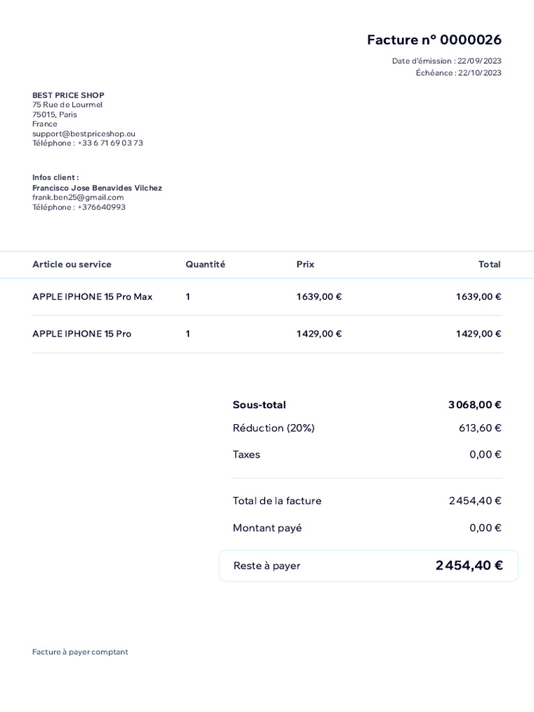 Facture n° 0000026 - iPhone 15 Achat | PDF