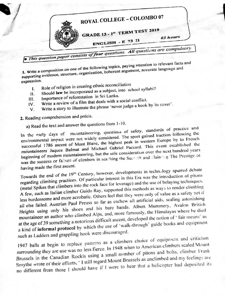 Al English Literature Grade 13 Paper 11 Royal College Colombo Pdf