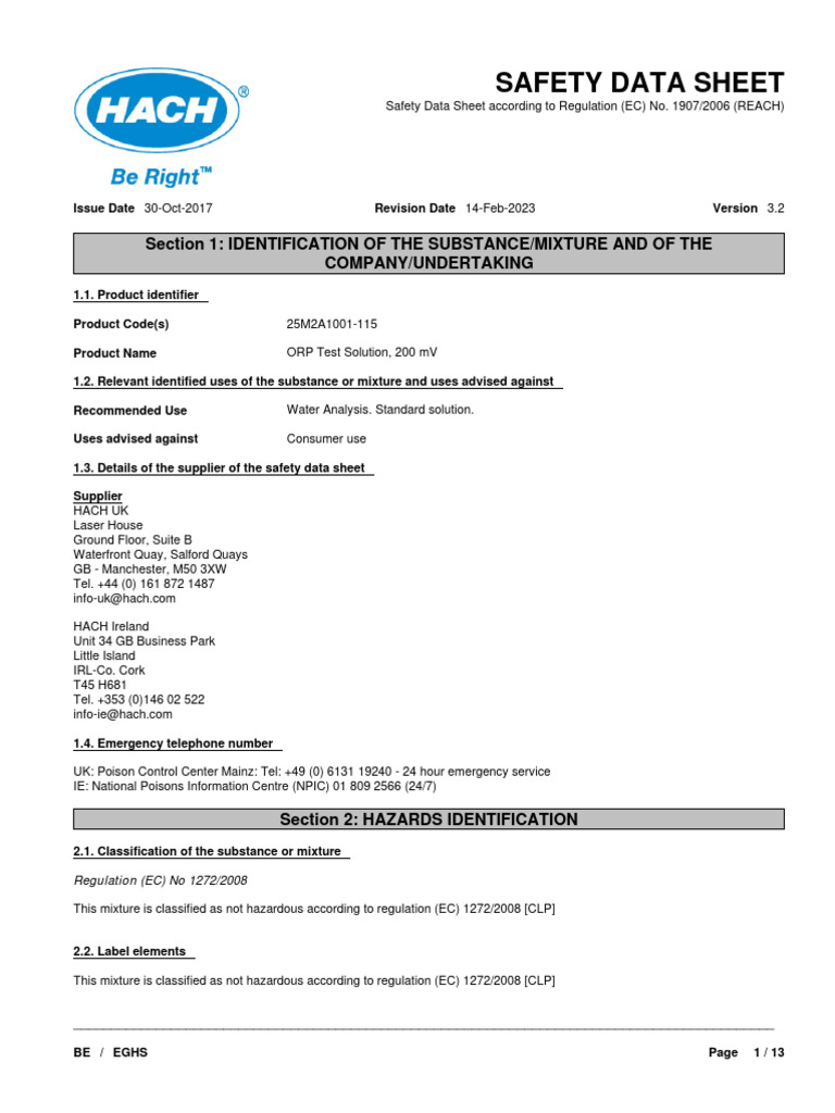 ORP Test Solution Safety Data Sheet | PDF | Toxicity | Waste