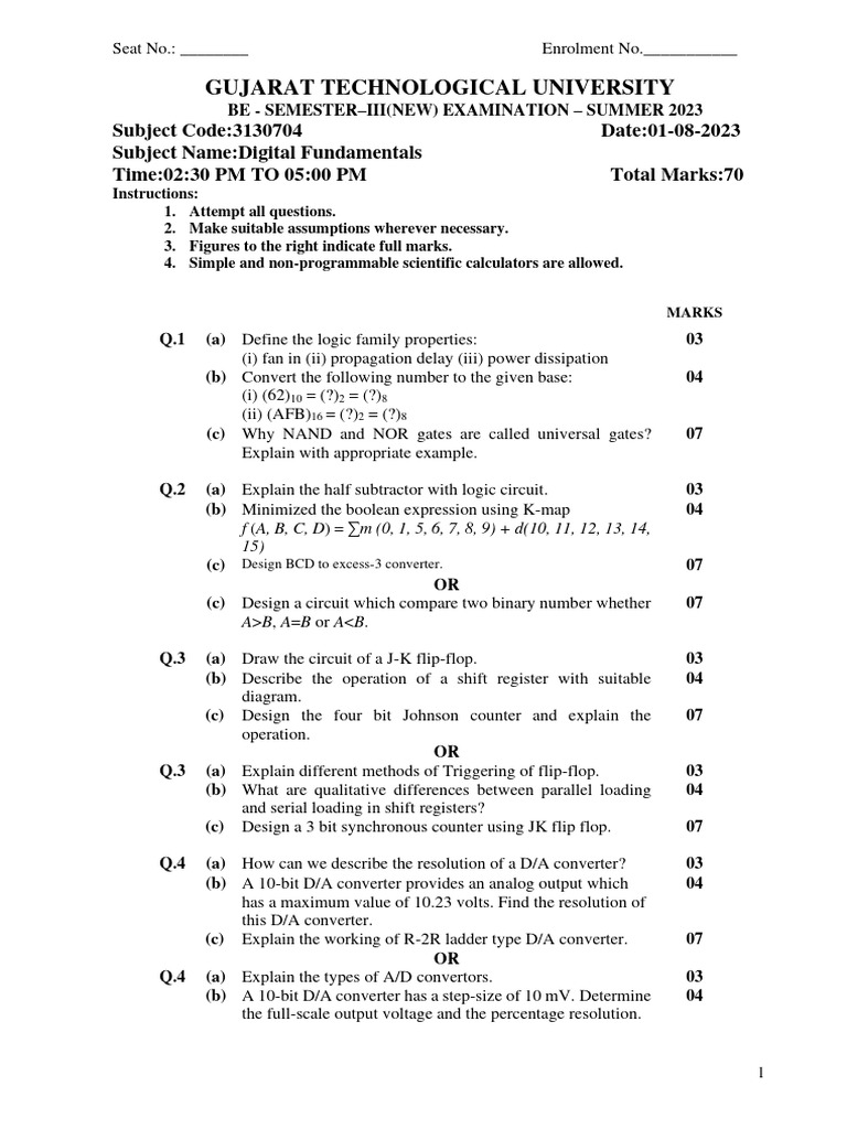 Digital Fundamentals GTU Exam Paper | PDF | Logic Gate | Applied ...