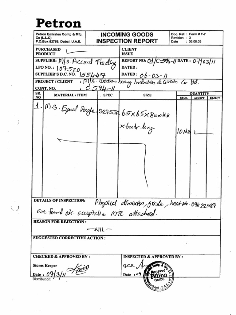 Incoming Goods Inspection Report | PDF | Law | Technology & Engineering