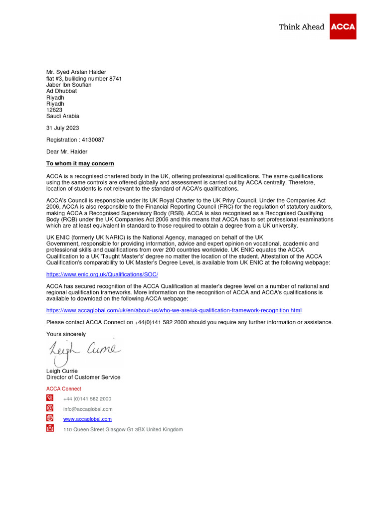 ACCA Qualification Recognition Details | PDF