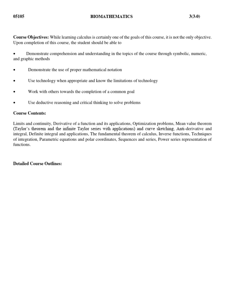 Biomathematics Course Syllabus | PDF | Function (Mathematics) | Integral