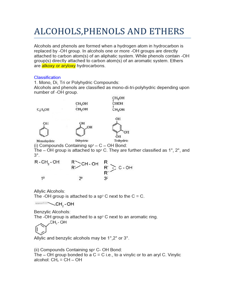 Classification of Alcohols, Phenols, and Ethers | PDF | Ether | Aldehyde