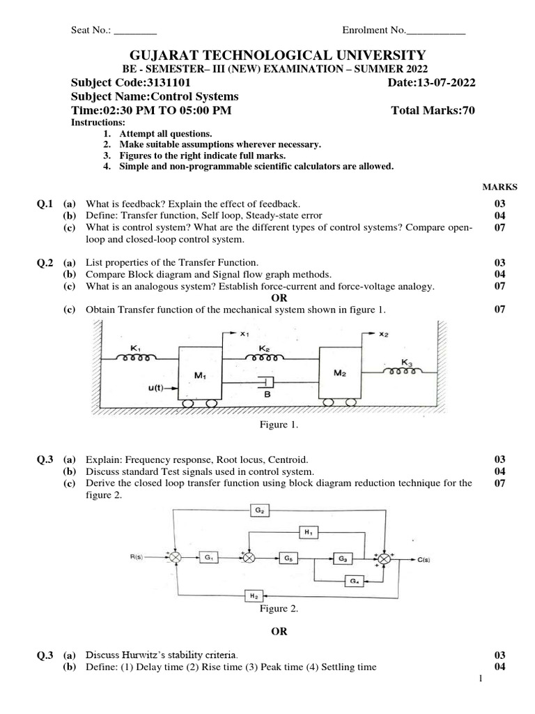 Control Systems Exam Paper - GTU 2022 | PDF | Control Theory | Computer ...