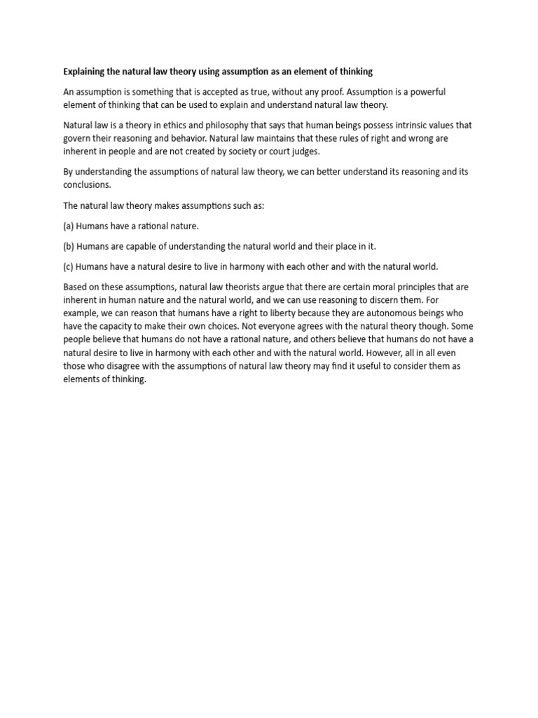 Explaining the natural law theory using assumption as an element of
