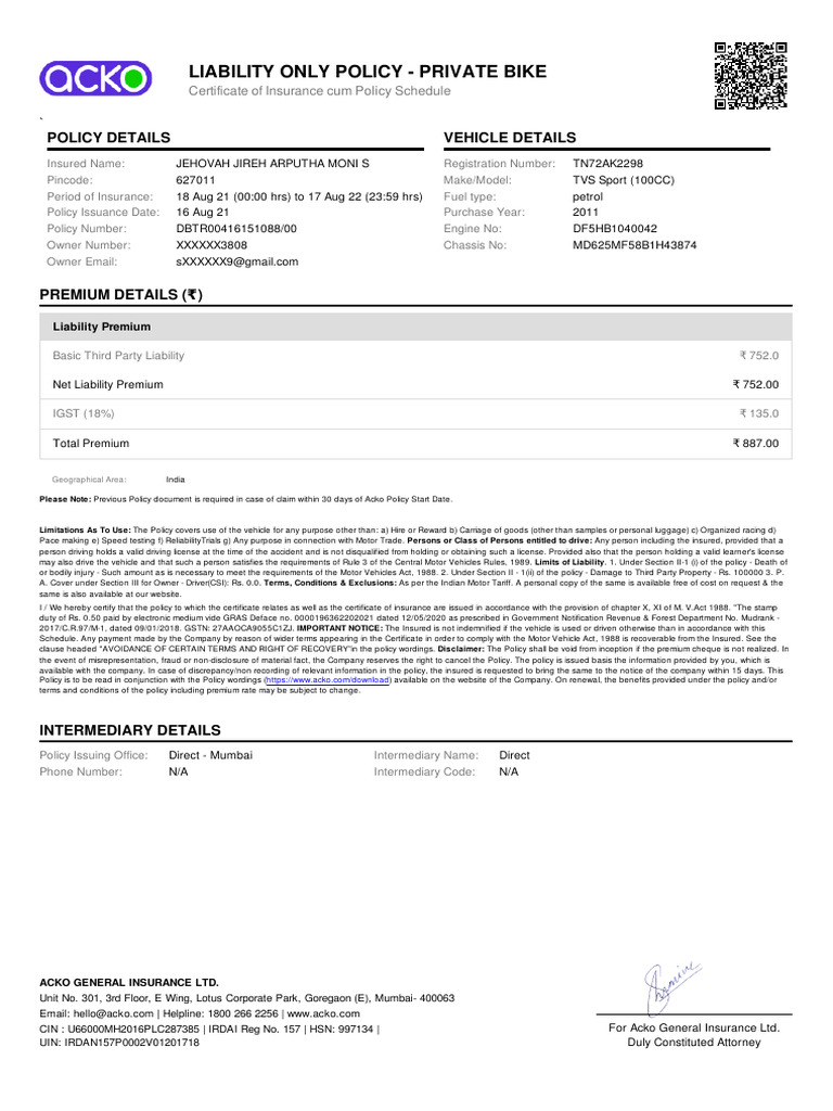 Liability only policy private bike policy details vehicle details pdf