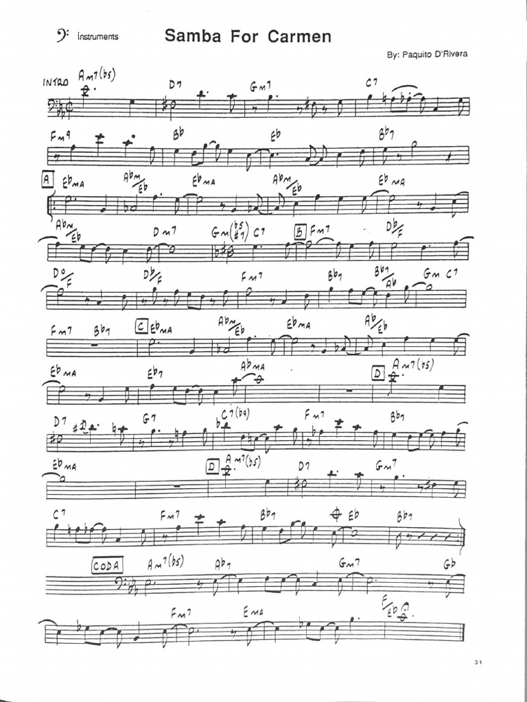 Samba For Carmen Bass Clef Instruments | PDF