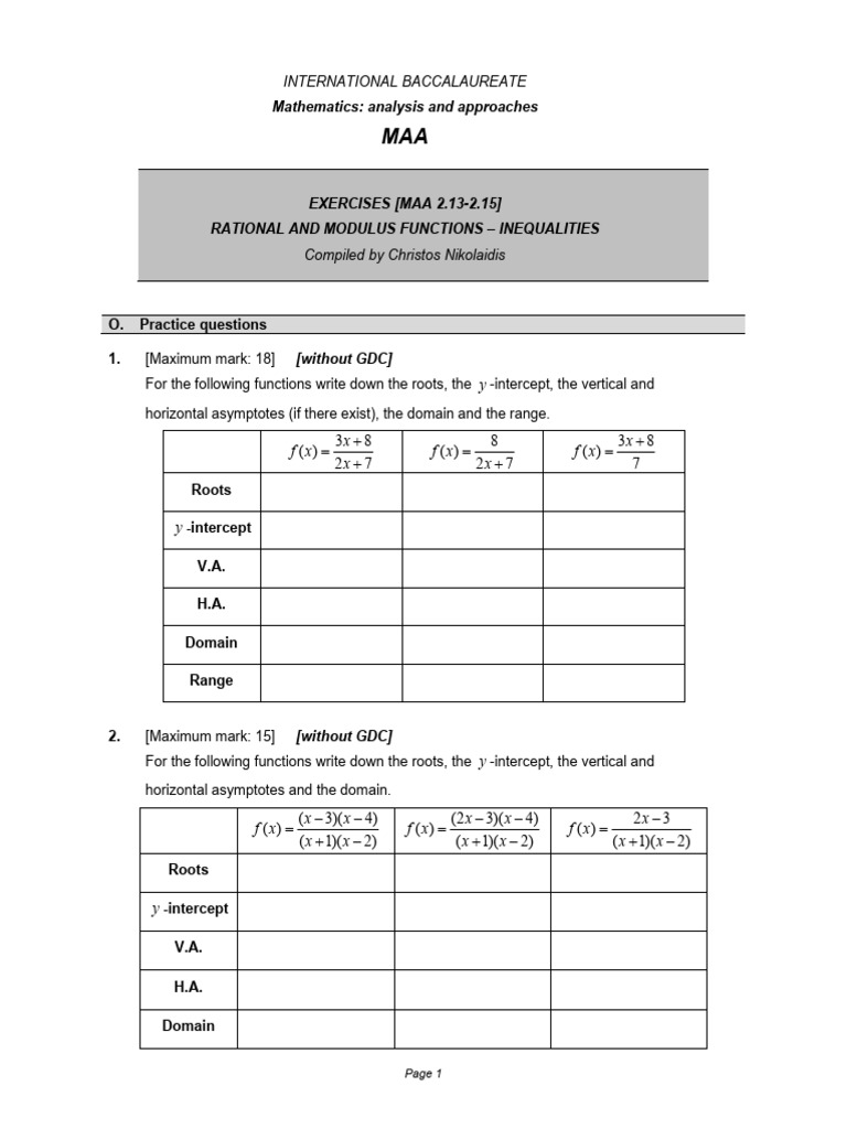 IB Math: Rational Functions Practice | PDF | Asymptote | Functions And ...